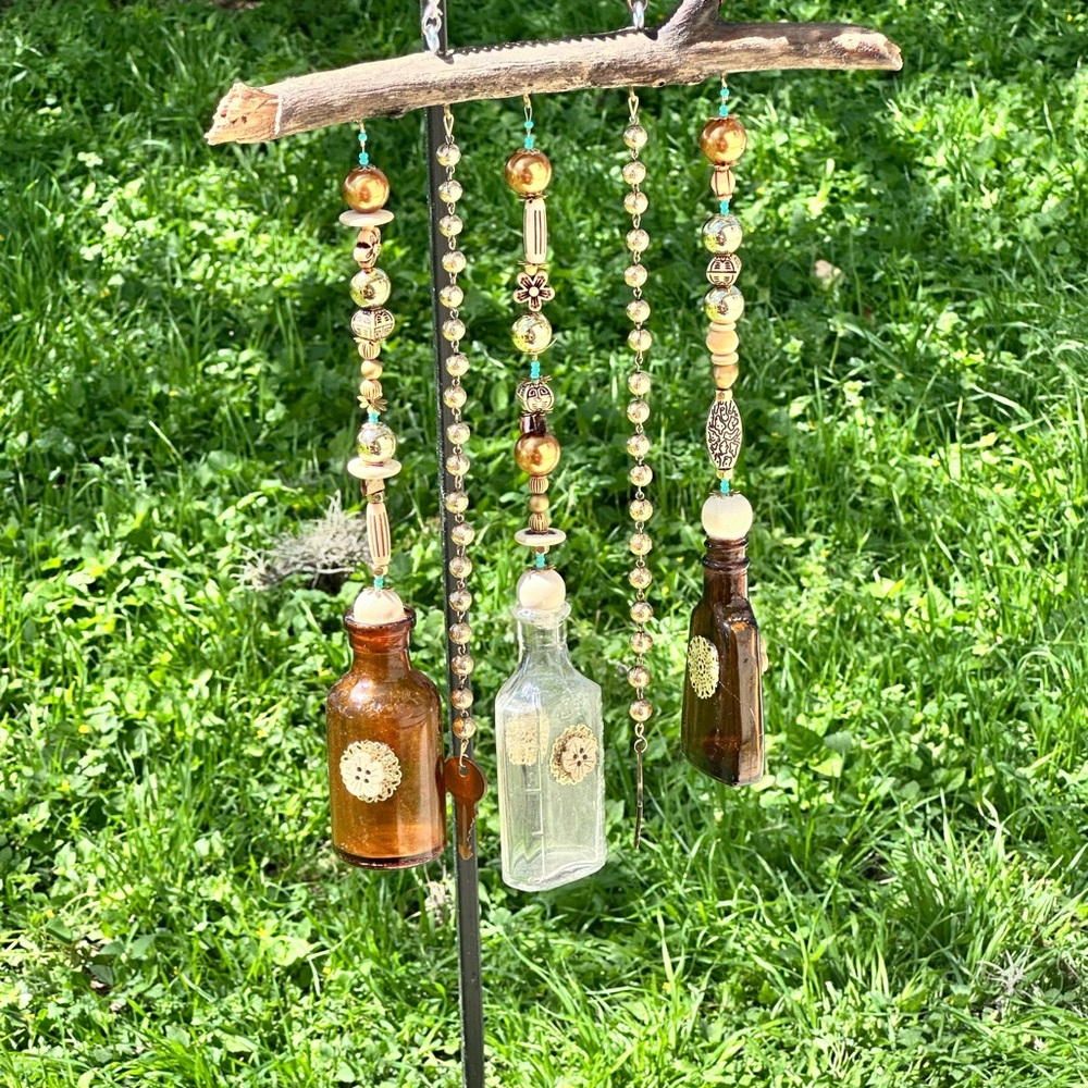 Handmade Hanging Wind Chimes - Amber & Clear Glass old bottles & beads.